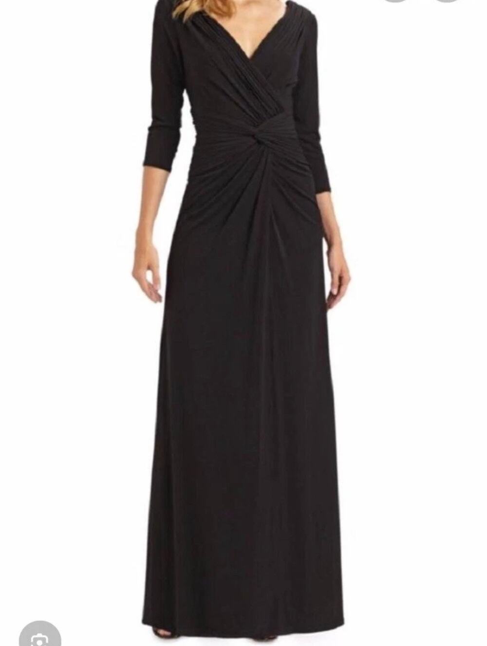 Vtg Tadashi Collection Ruched Maxi Gown Dress Women’s 1X Black Slimming 3/4 Slv
